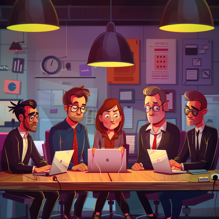 A bunch of sad business individuals staring at laptops