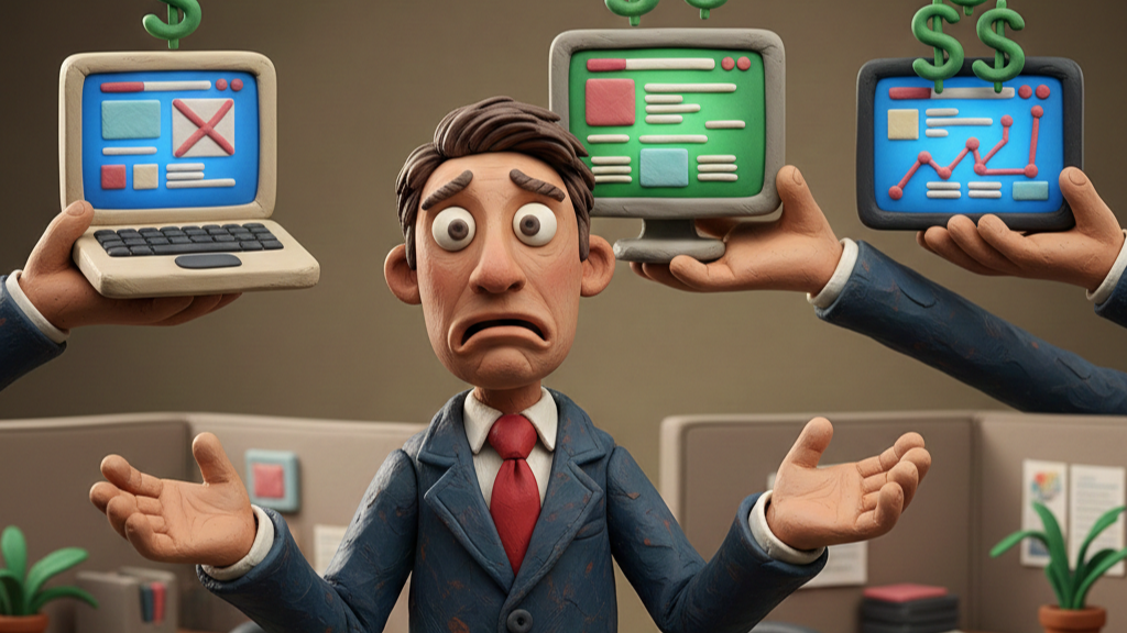 A Claymation man deciding what website to buy